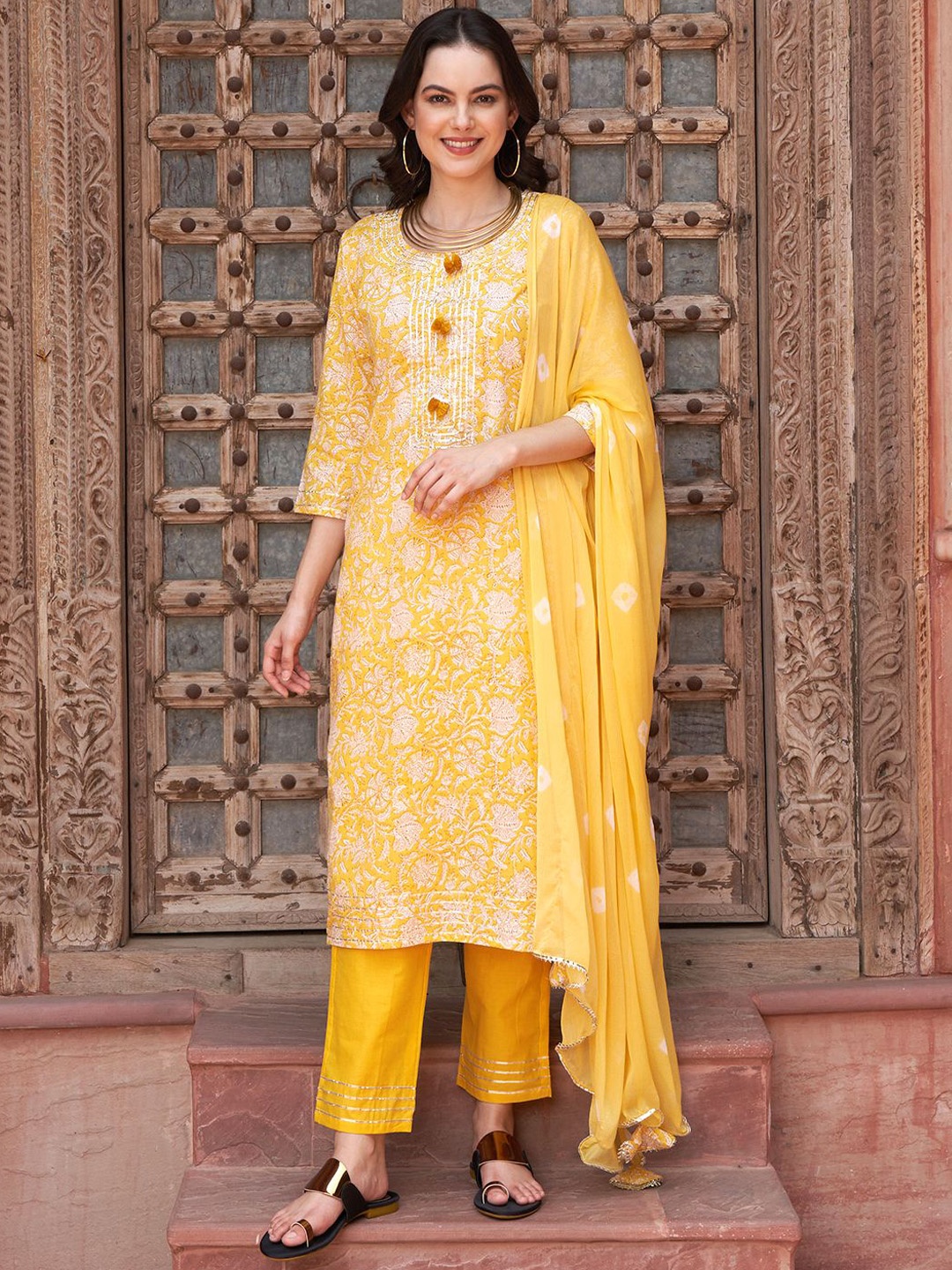 

BANDIA Floral Printed Beads and Stones Pure Cotton Straight Kurta With Trousers & Dupatta, Mustard
