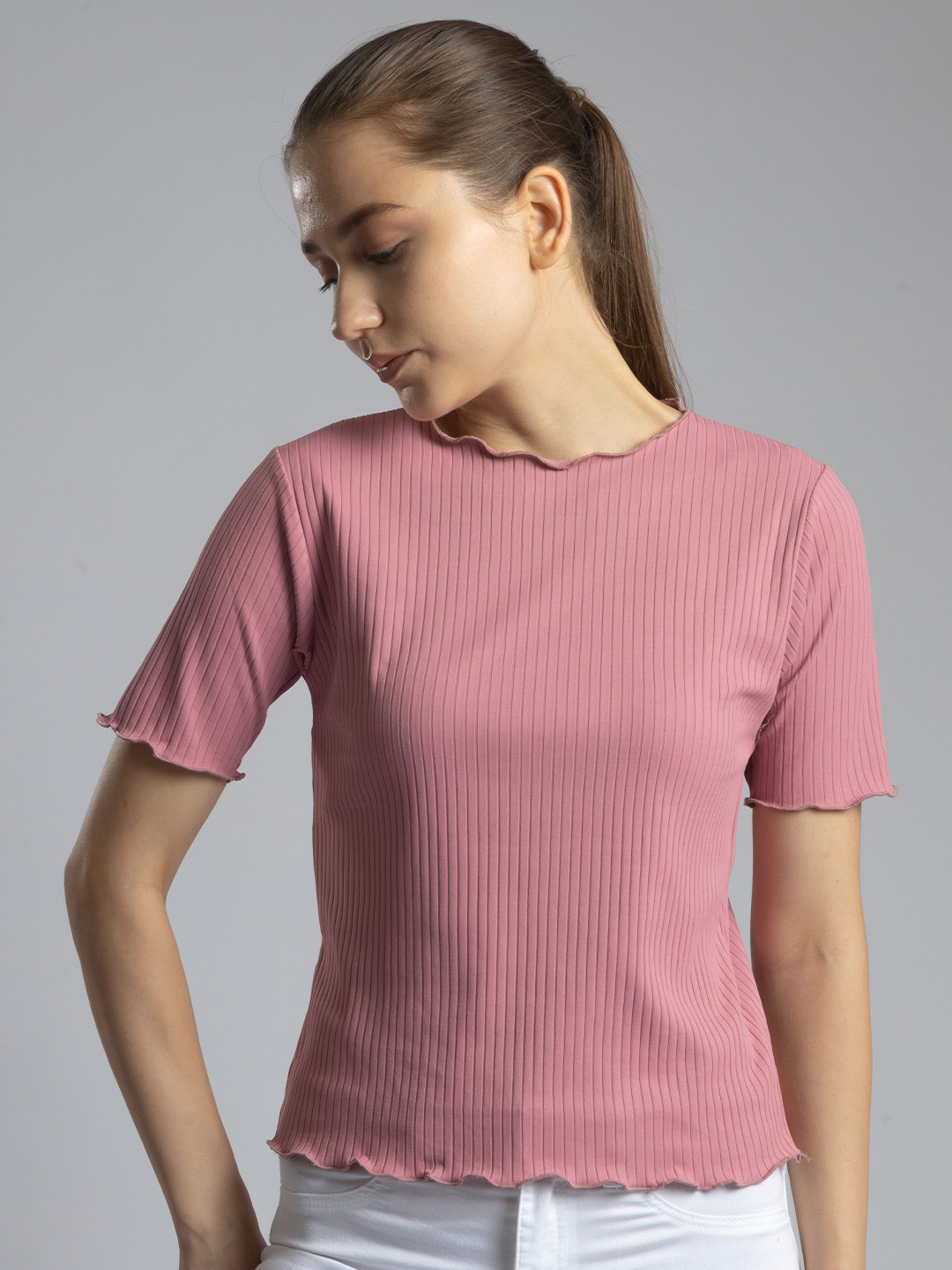 

Redamancii Women Solid Round Neck Polycotton Top, Peach
