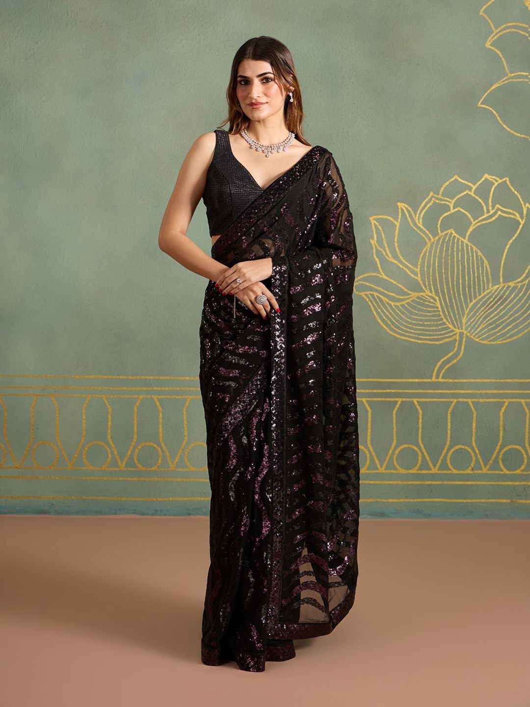 

Likha Embellished Sequinned Pure Georgette Saree with Unstitched Blouse, Black