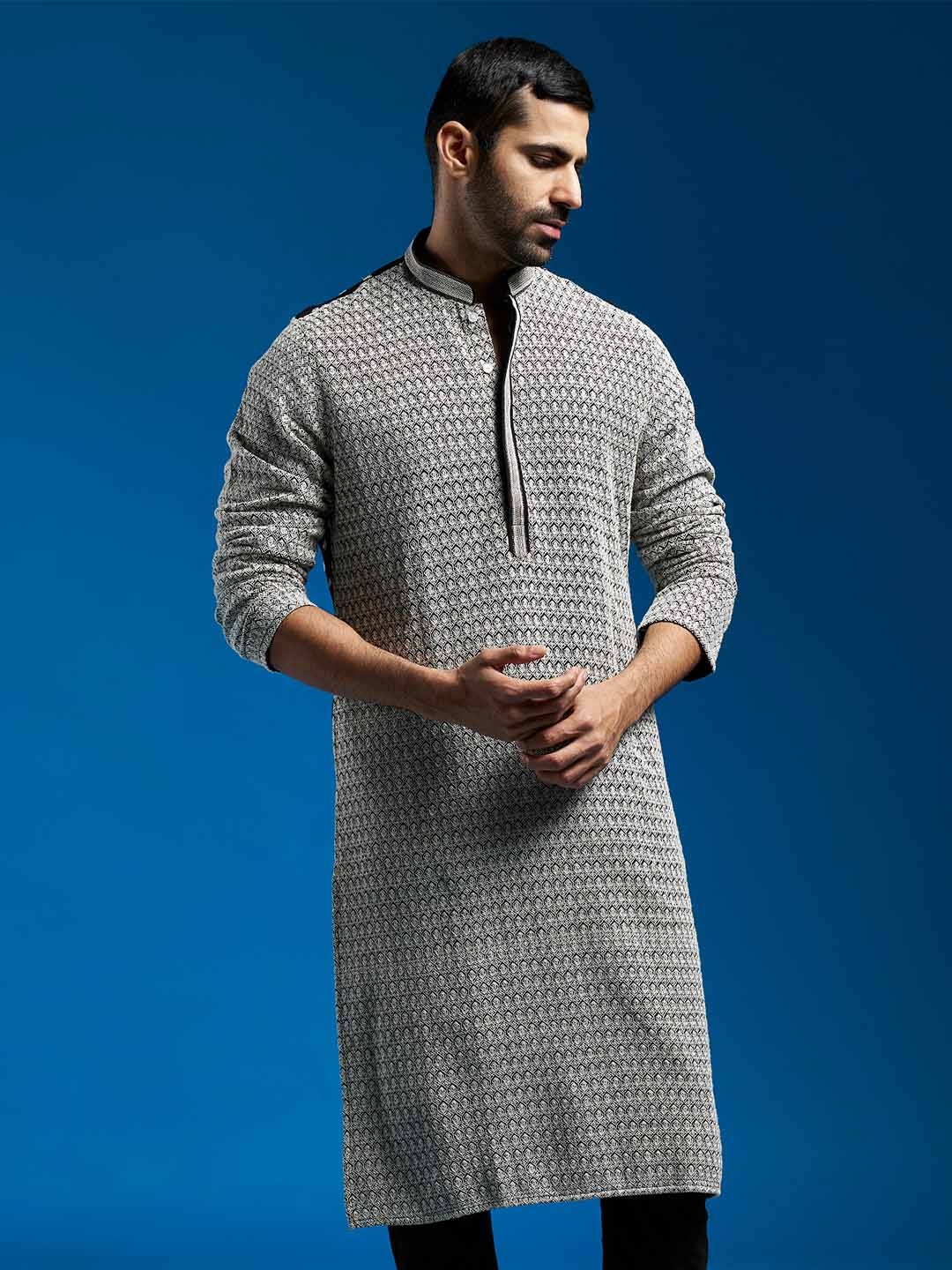 

VASTRAMAY Floral Embroidered Thread Work Mandarin Collar Georgette Straight Kurta, Black