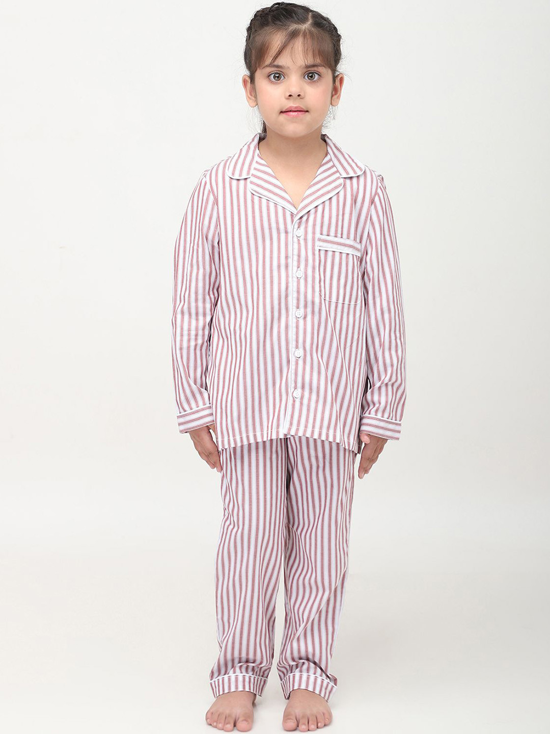 

Biglilpeople Kids Pure Cotton Striped Printed Night suit, White