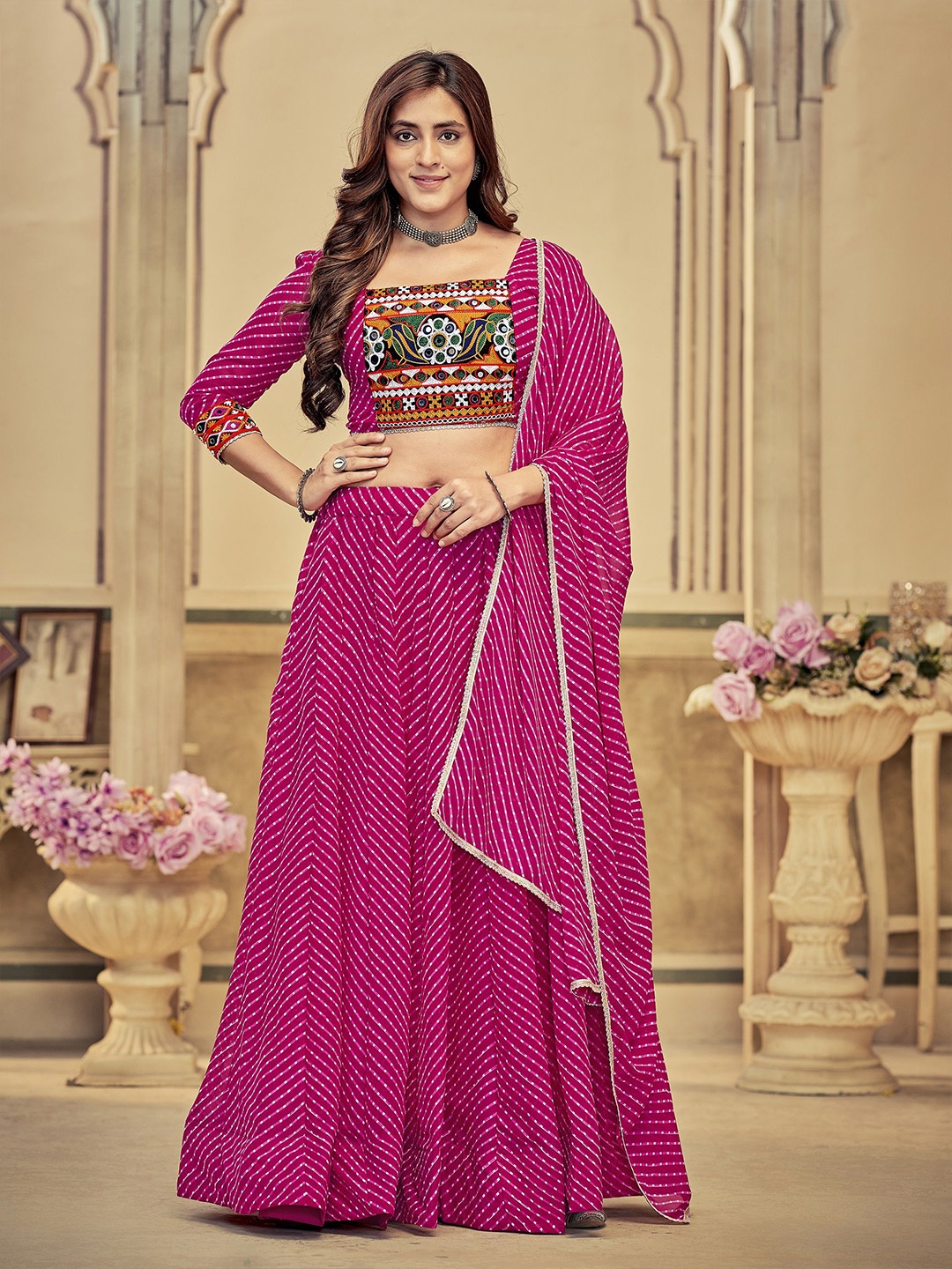 

KALINI Embroidered Thread Work Semi-Stitched Lehenga & Unstitched Blouse With Dupatta, Pink