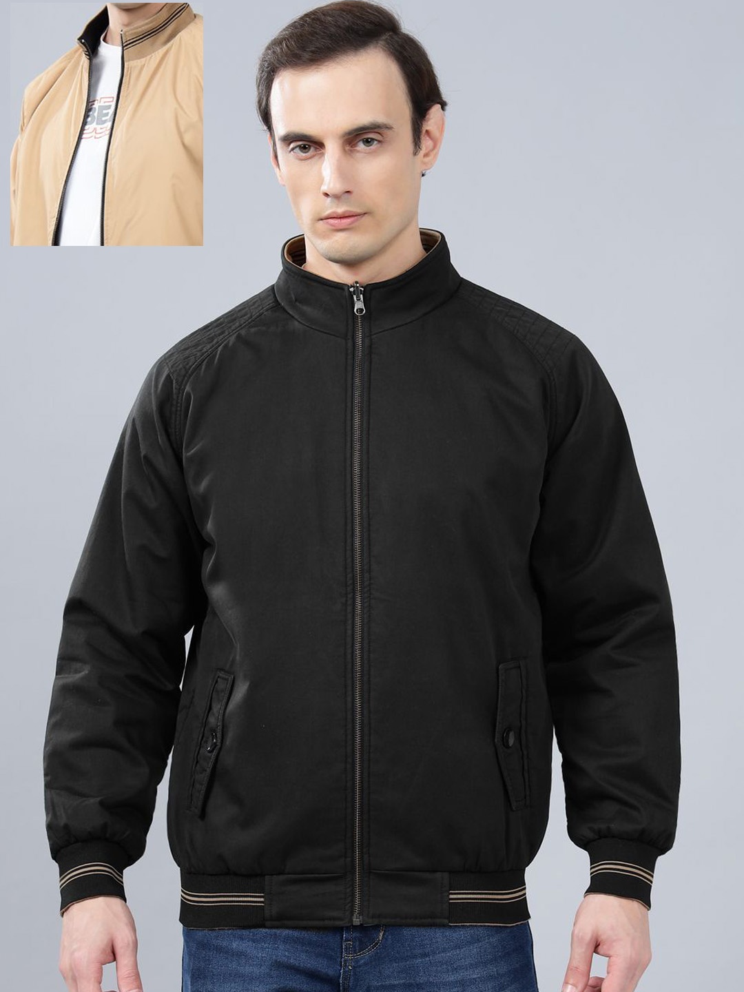 

Cantabil Men Reversible Bomber Jacket, Black