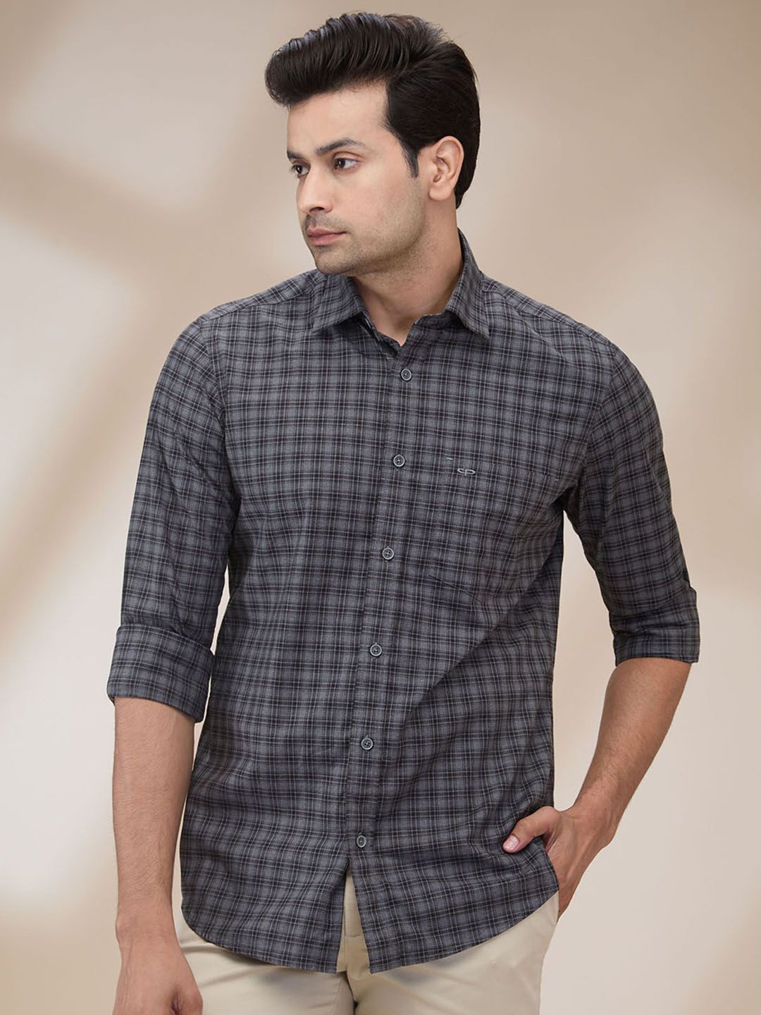 

ColorPlus Men Spread Collar Checked Cotton Casual Shirt, Grey