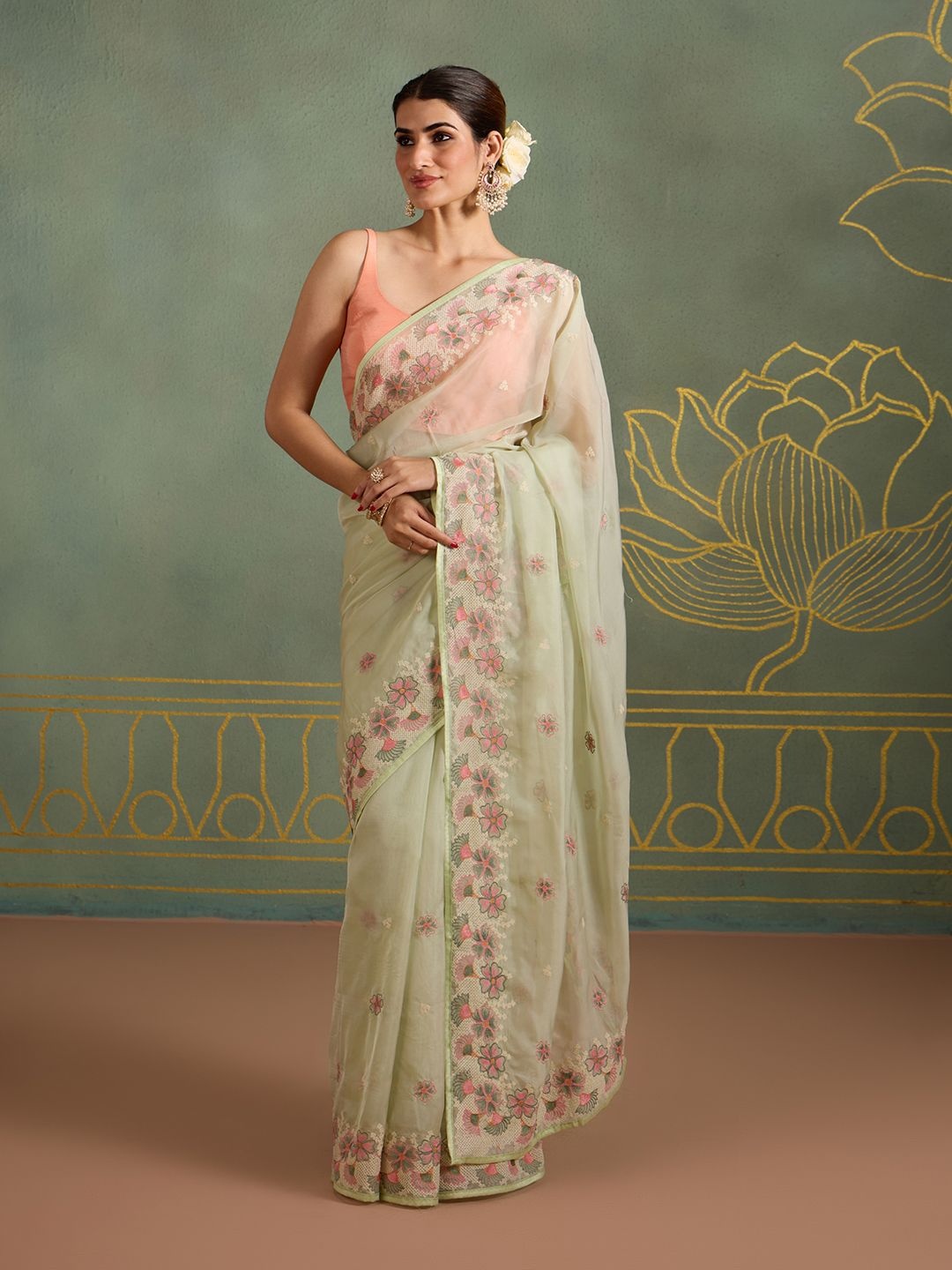 

Likha Floral Embroidered Organza Saree, Green