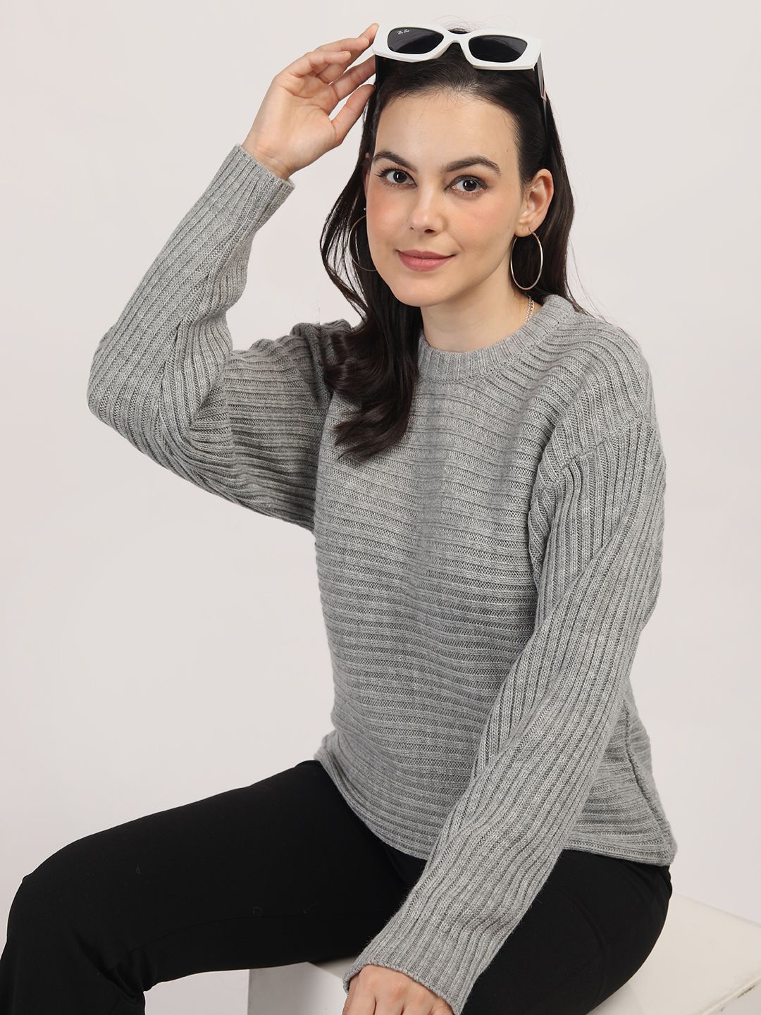 

CHKOKKO Women Woollen Ribbed Pullover Sweater, Grey