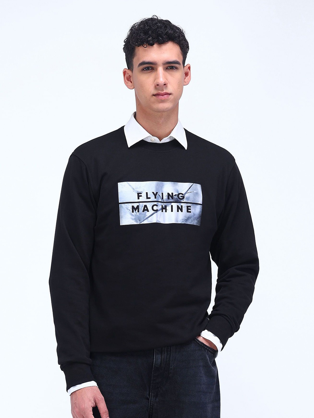 

Flying Machine Men Brand Logo Printed Round Neck Cotton Pullover Sweatshirt, Black