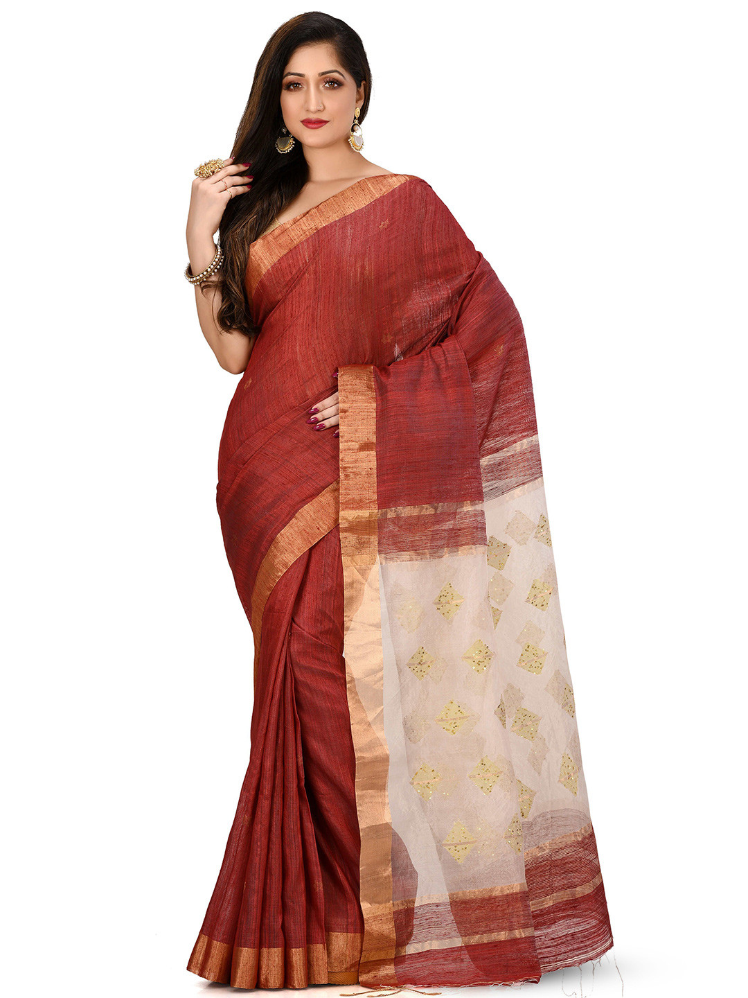 

SPRISH Woven Design Zari Pure Silk Jamdani Saree, Rust