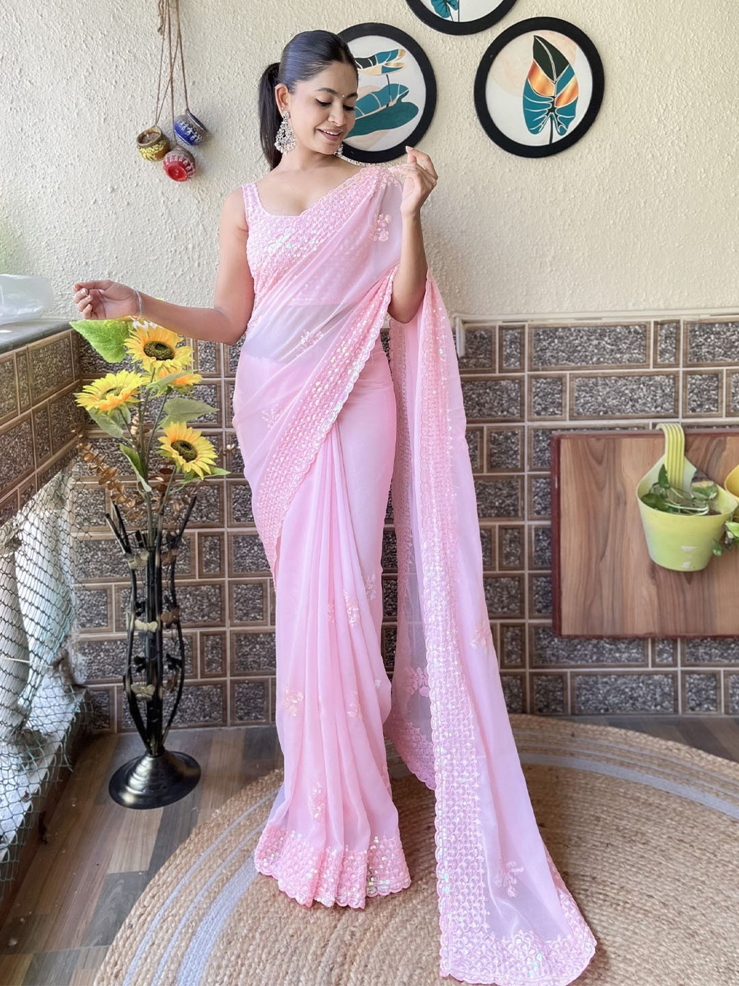 

LeeliPeeri Designer Embellished Embroidered Pure Georgette Saree, Pink