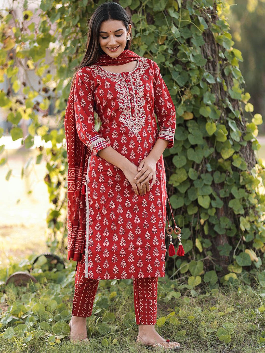 

KALINI Floral Printed Straight Kurta With Trousers & Dupatta, Red