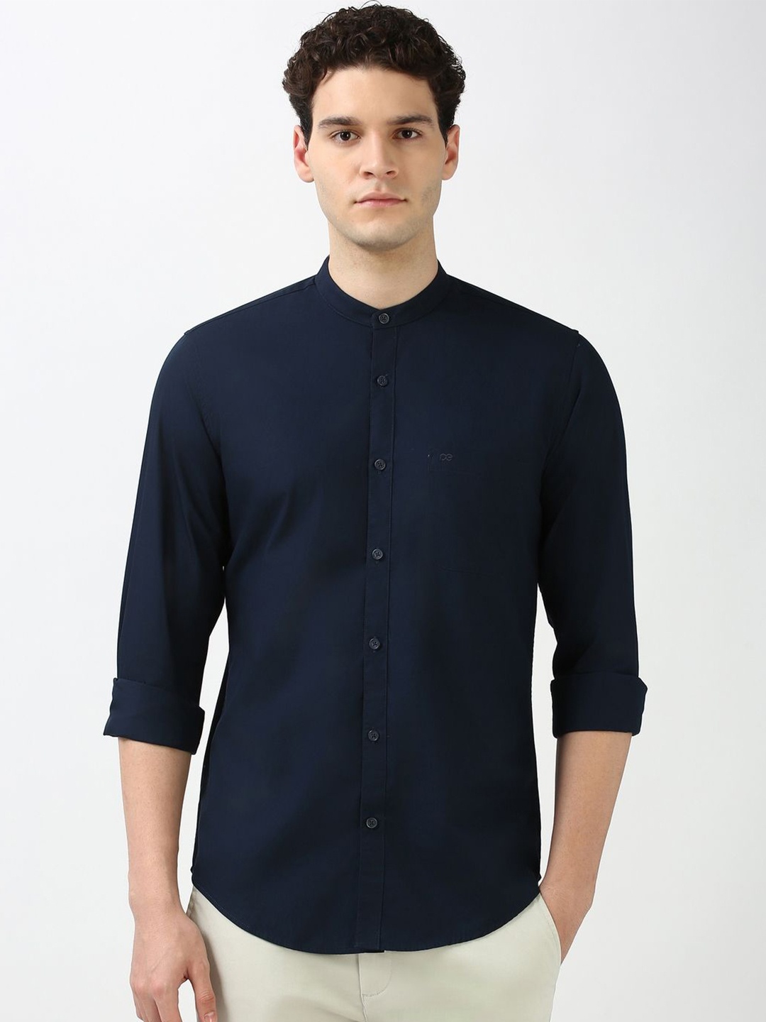 

Peter England Casuals Men Band Collar Solid Cotton Slim Fit Casual Shirt, Navy blue