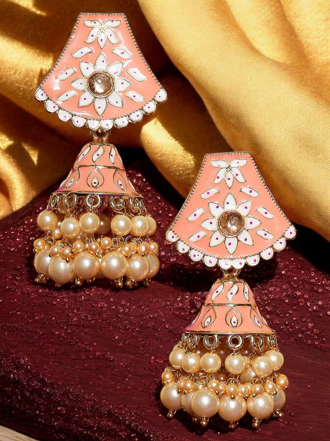 

OOMPH Kundan Studded Dome Shaped Meenakari Jhumkas, Pink