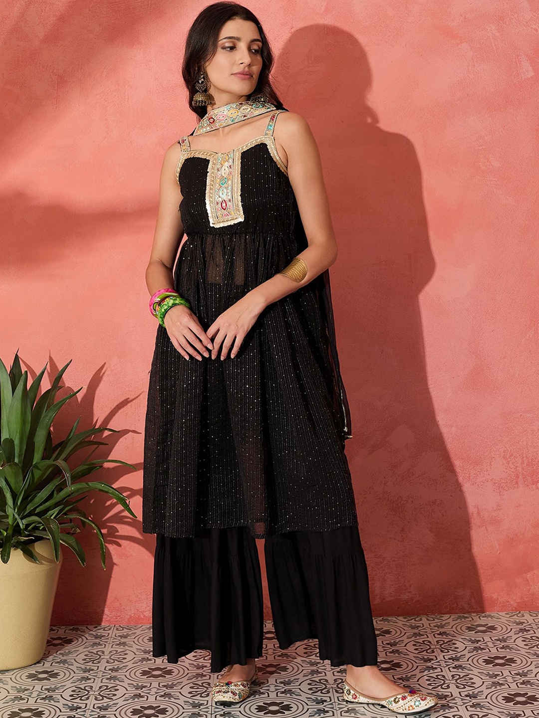 

InWeave Striped Sequinned Anarkali Kurta With Patiala & Dupatta, Black