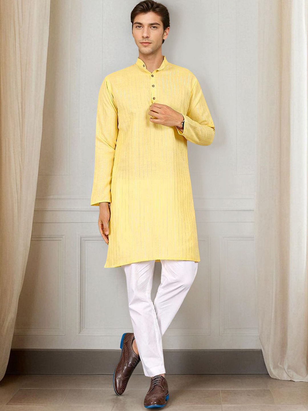 

Anouk Striped Woven Design Band Collar Long Sleeves Regular Straight Kurta, Yellow