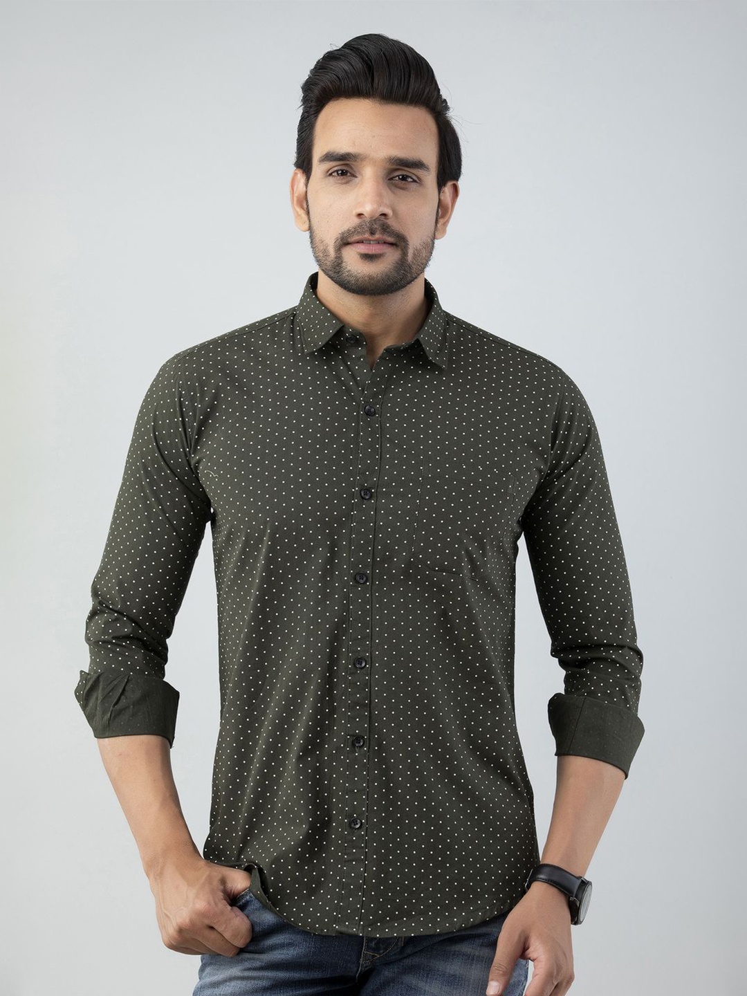 

Vcom Men Classic Spread Collar Polka Dots Printed Cotton Slim Fit Casual Shirt, Green