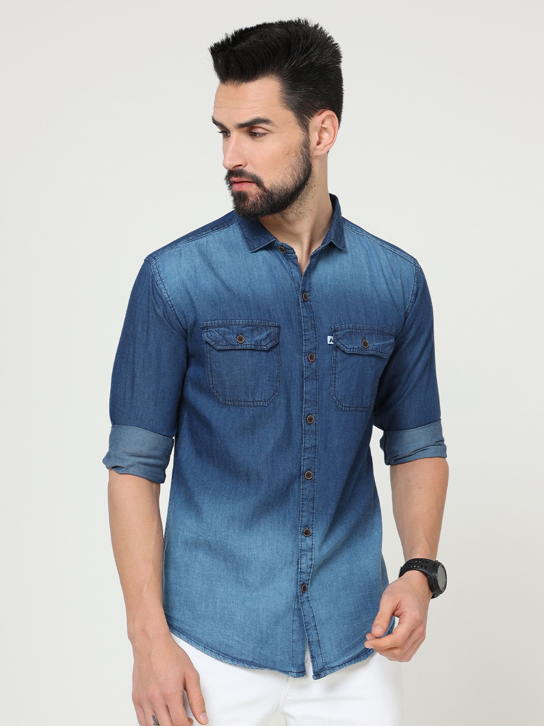 

AIDAN PAUL Men Comfort Spread Collar Faded Denim Casual Shirt, Blue