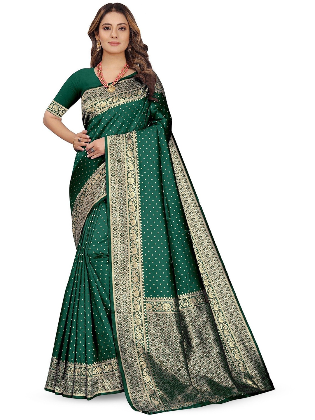 

QENY Woven Design Polka Dots Banarasi Saree, Green