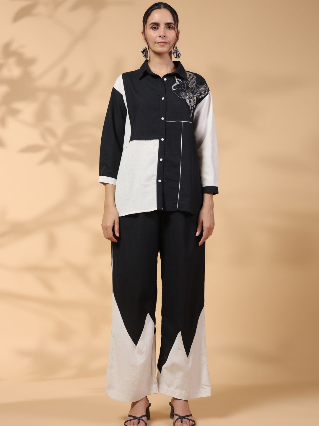 

Zolo Label Colourblocked and Embroidered Shirt With Trousers, Black