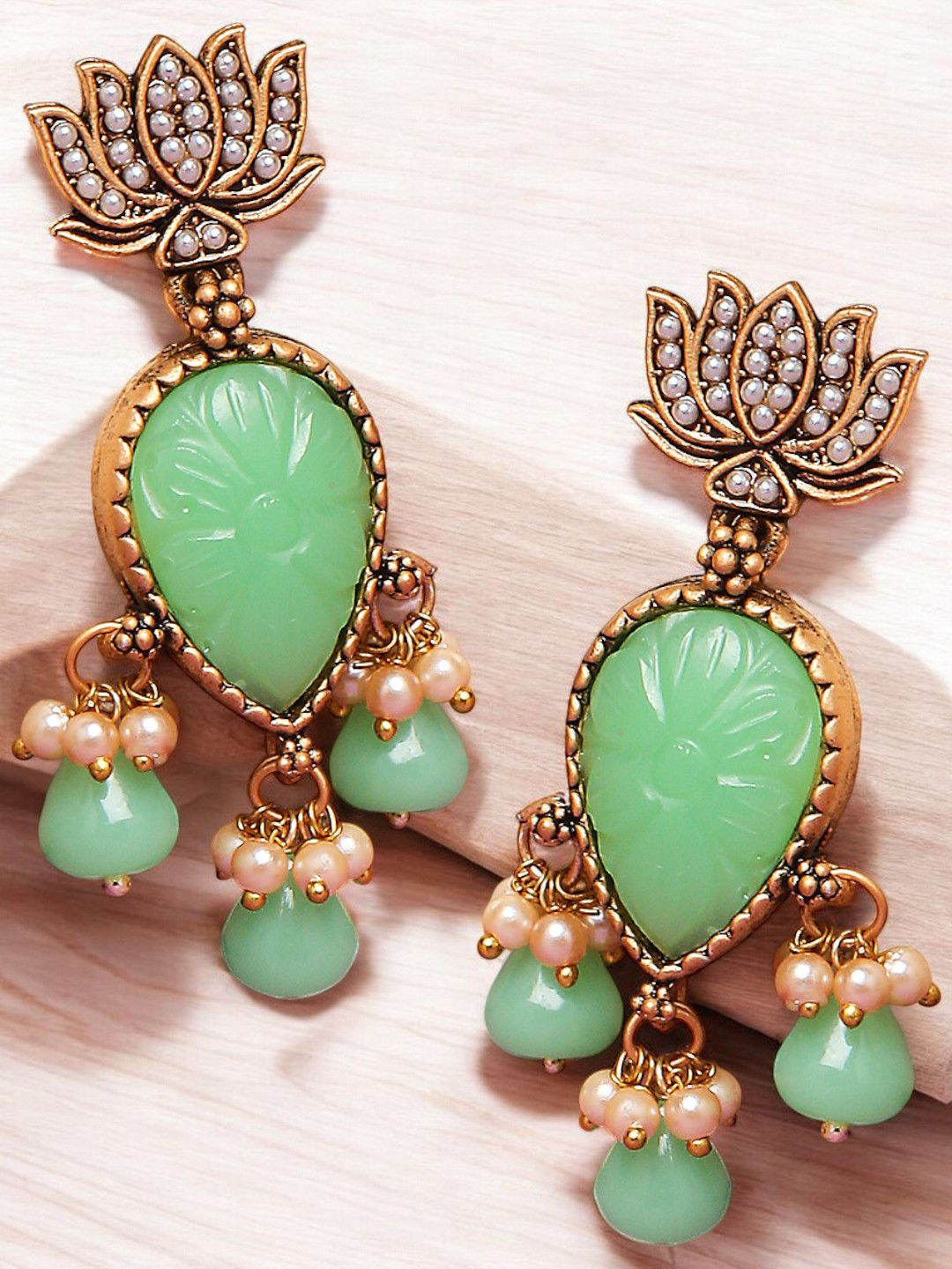 

OOMPH Floral Artificial Stones And Beads Studded Antique Drop Earrings, Green