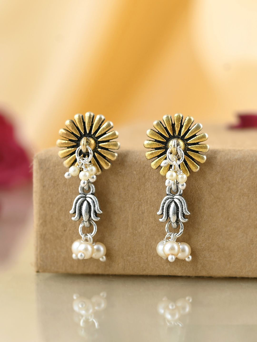 

Voylla Qasbah Suman Silver-Plated Beaded Contemporary Oxidised Drop Earrings