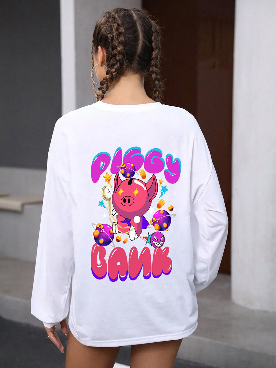 

CHKOKKO Women Graphic Printed Round Neck Oversized T-shirt, White