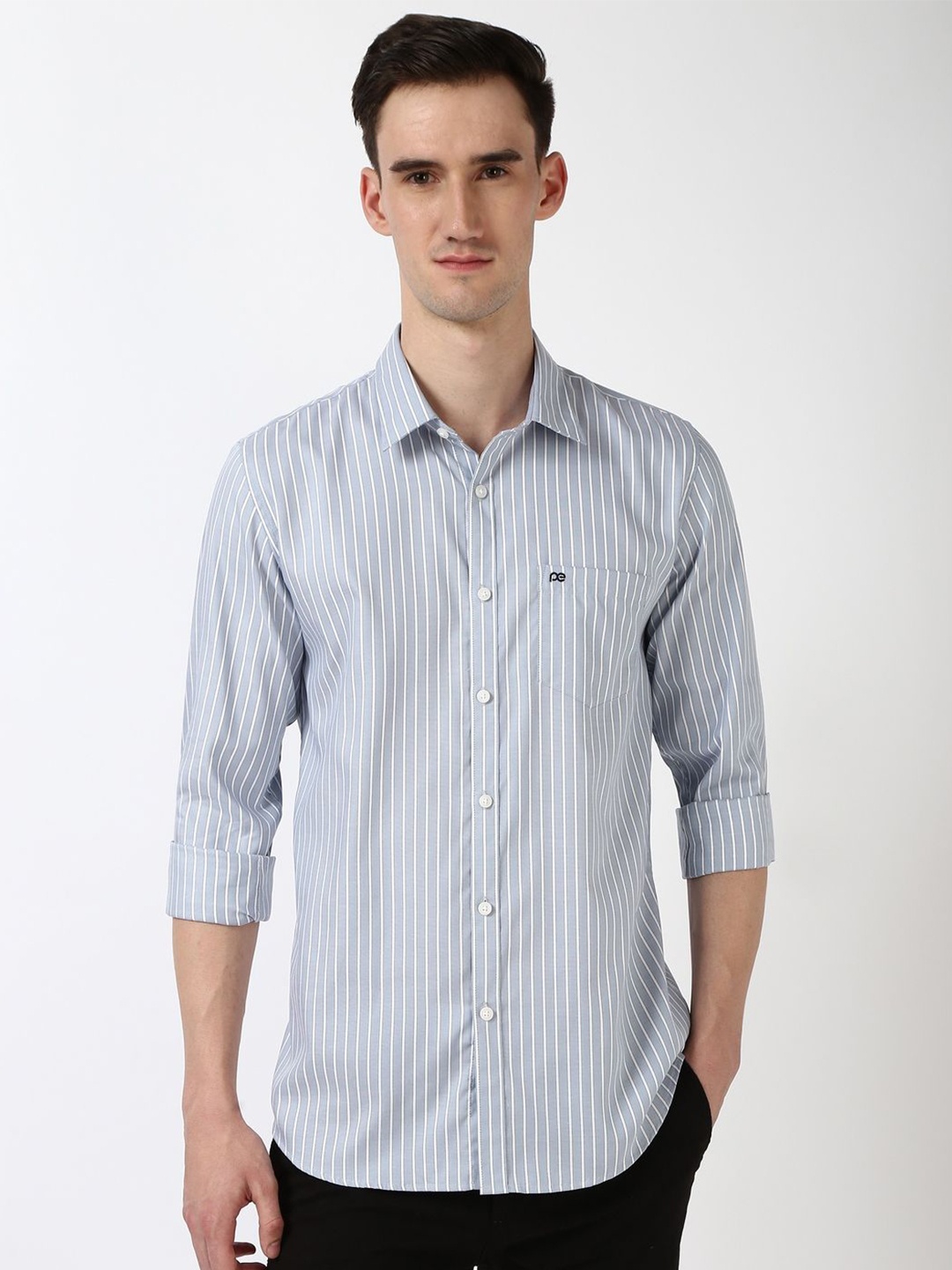 

Peter England Casuals Men Spread Collar Vertical Striped Cotton Slim Fit Casual Shirt, Grey