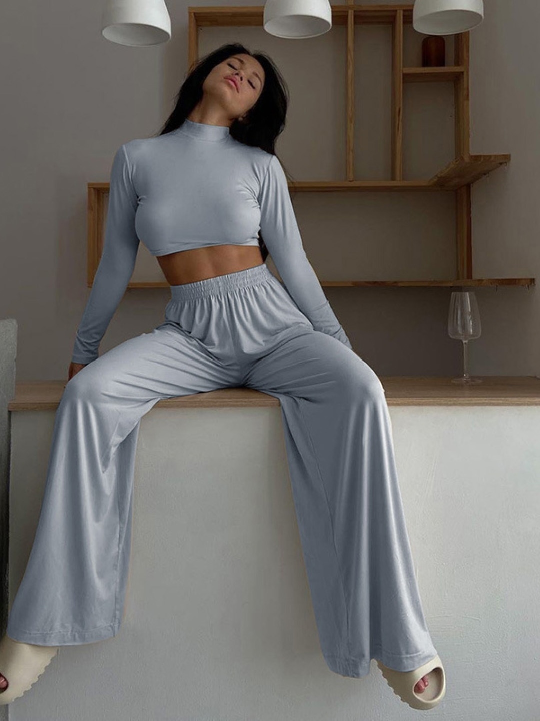 

KPOP High Neck Top With Palazzos, Grey