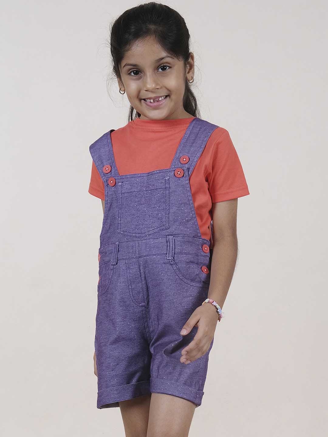 

KiddoPanti Girls Printed Cotton Dungaree With T-Shirt, Purple