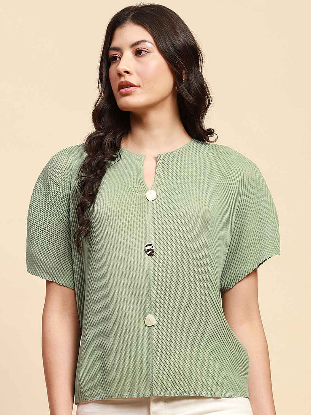 

Global Republic Women Self Design Round Neck Top, Green