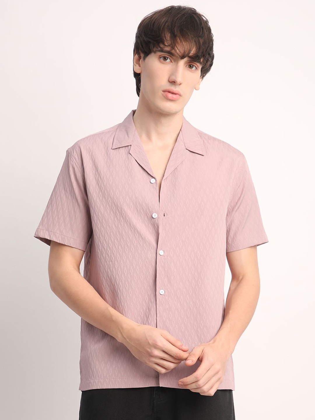 

Voroxy Men Comfort Cuban Collar Textured Polycotton Casual Shirt, Peach