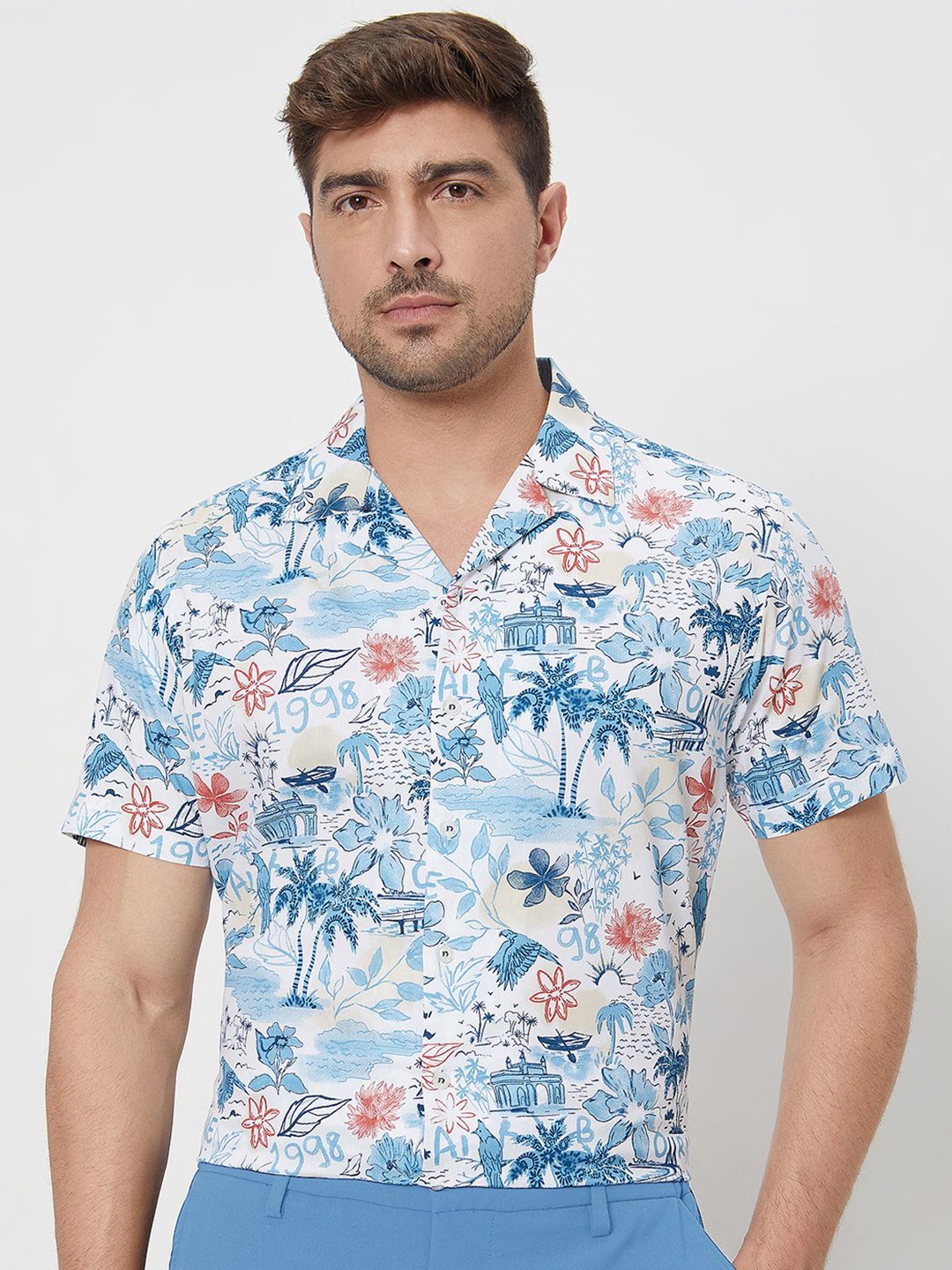 

Mufti Men Cuban Collar Floral Printed Cotton Slim Fit Casual Shirt, Blue