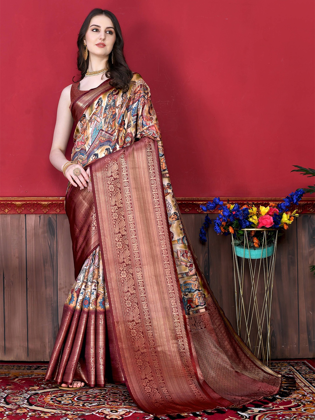 

Zeekha Kalamkari Zari Pure Silk Kanjeevaram Saree, White