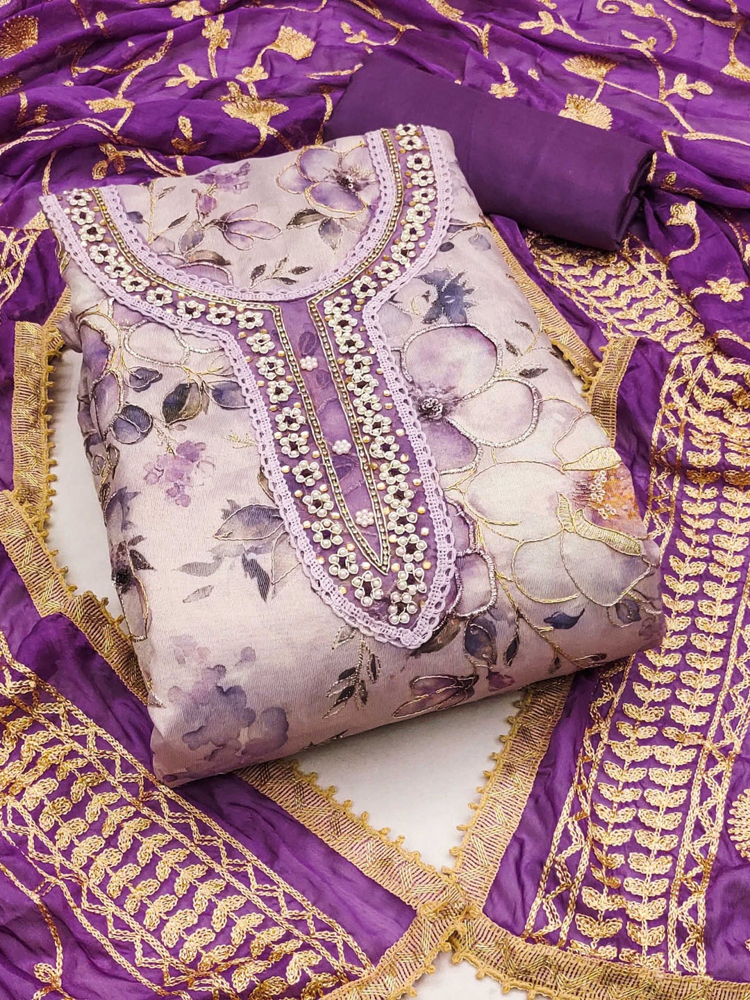 

KIMISHA Floral Embellished Beads and Stones Unstitched Dress Material, Purple