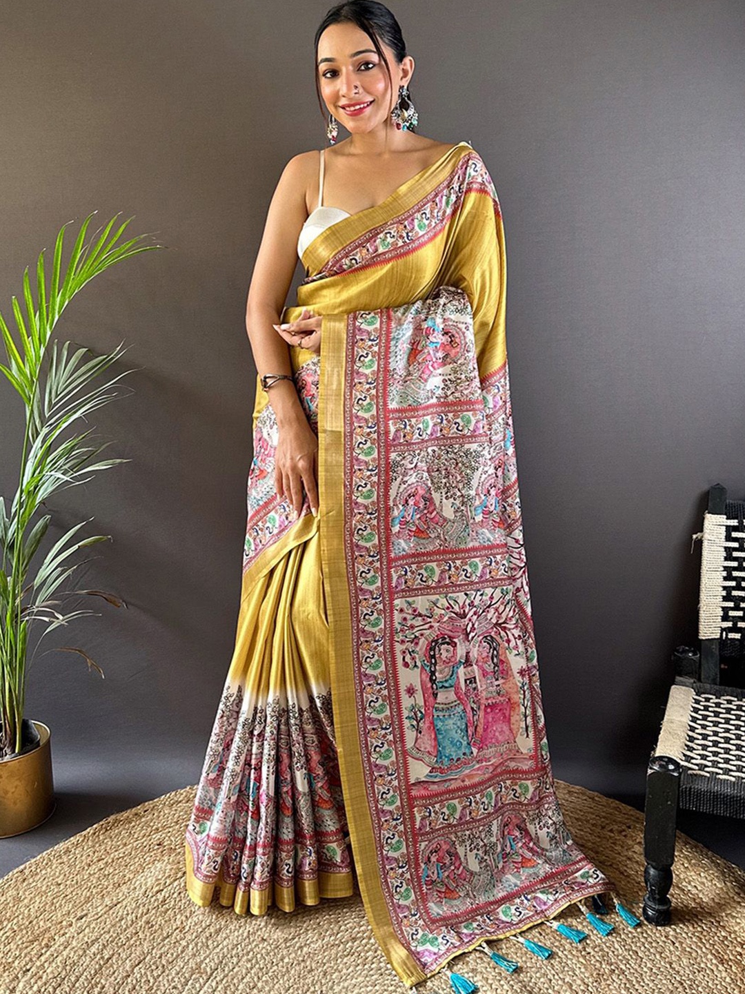 

Ishin Kalamkari Zari Tussar Traditional Saree, Yellow