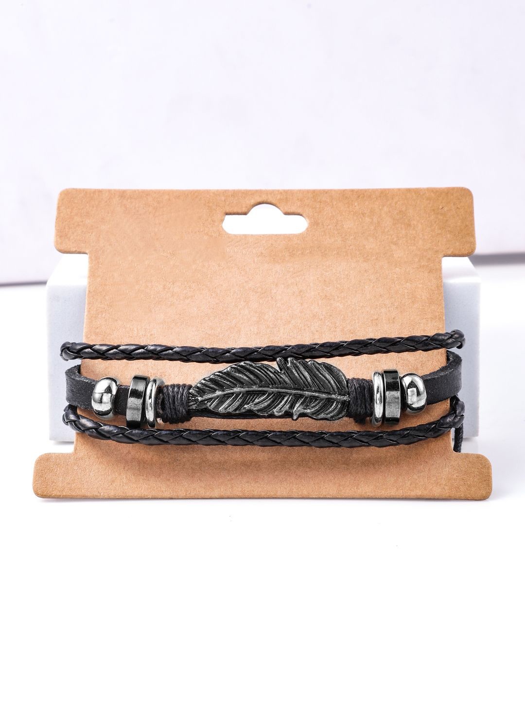 

Roadster Men's Leather Bracelet with Feather Charm and Braided Detailing, Black