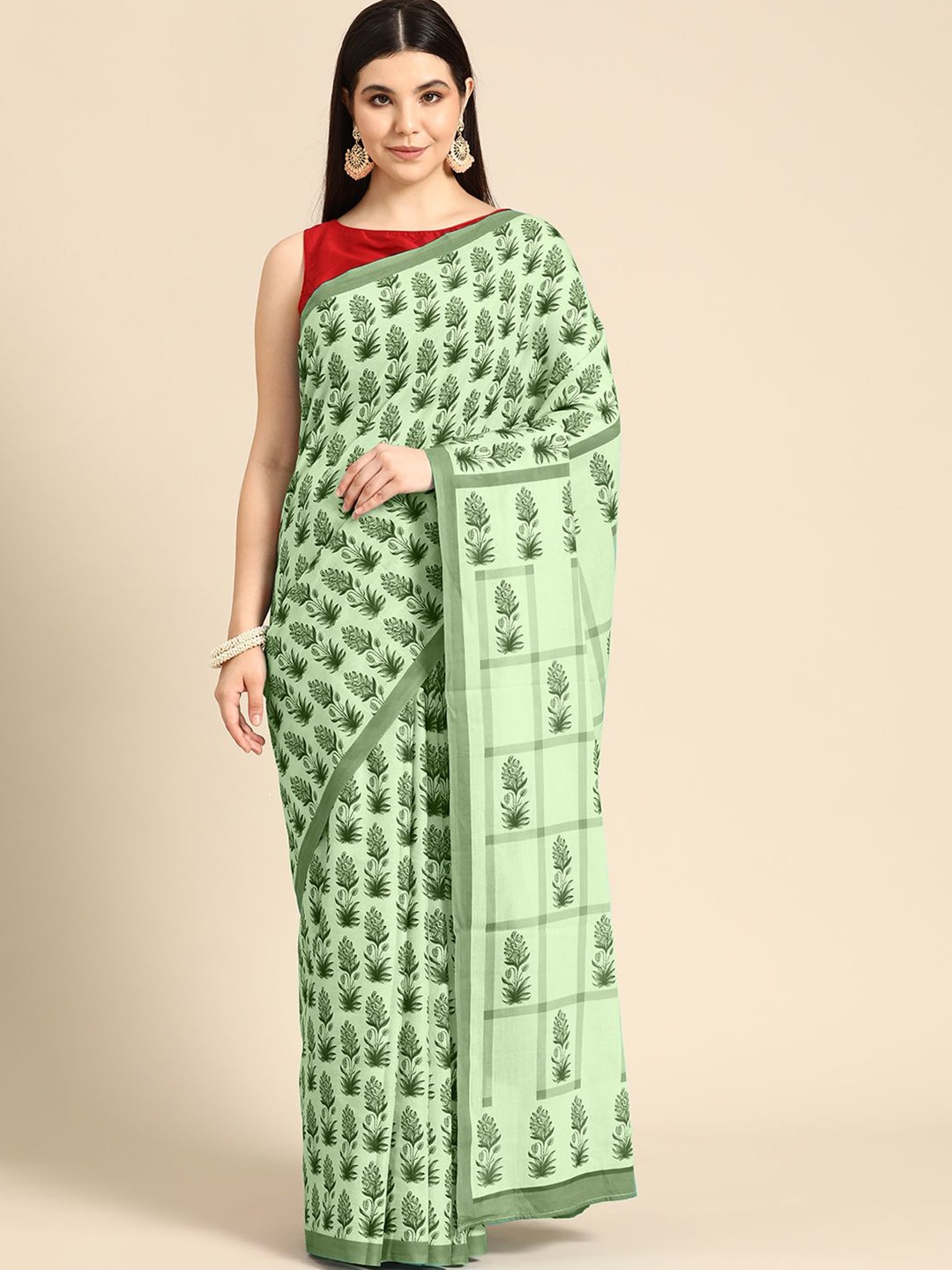 

BUTA BUTI Ethnic Motifs Printed Pure Cotton Saree, Olive