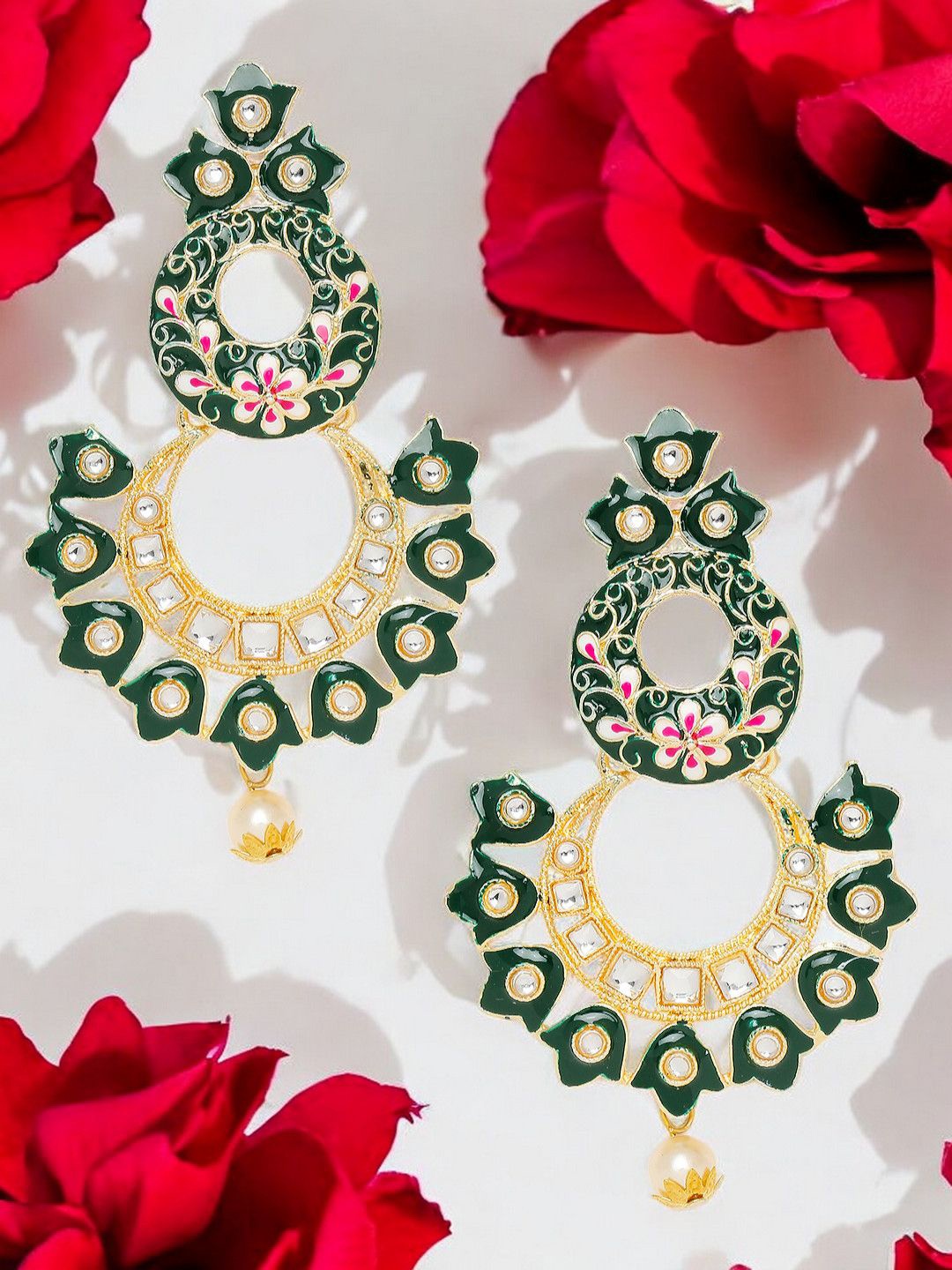 

OOMPH Floral Meenakari & Kundan Drop Earrings, Green