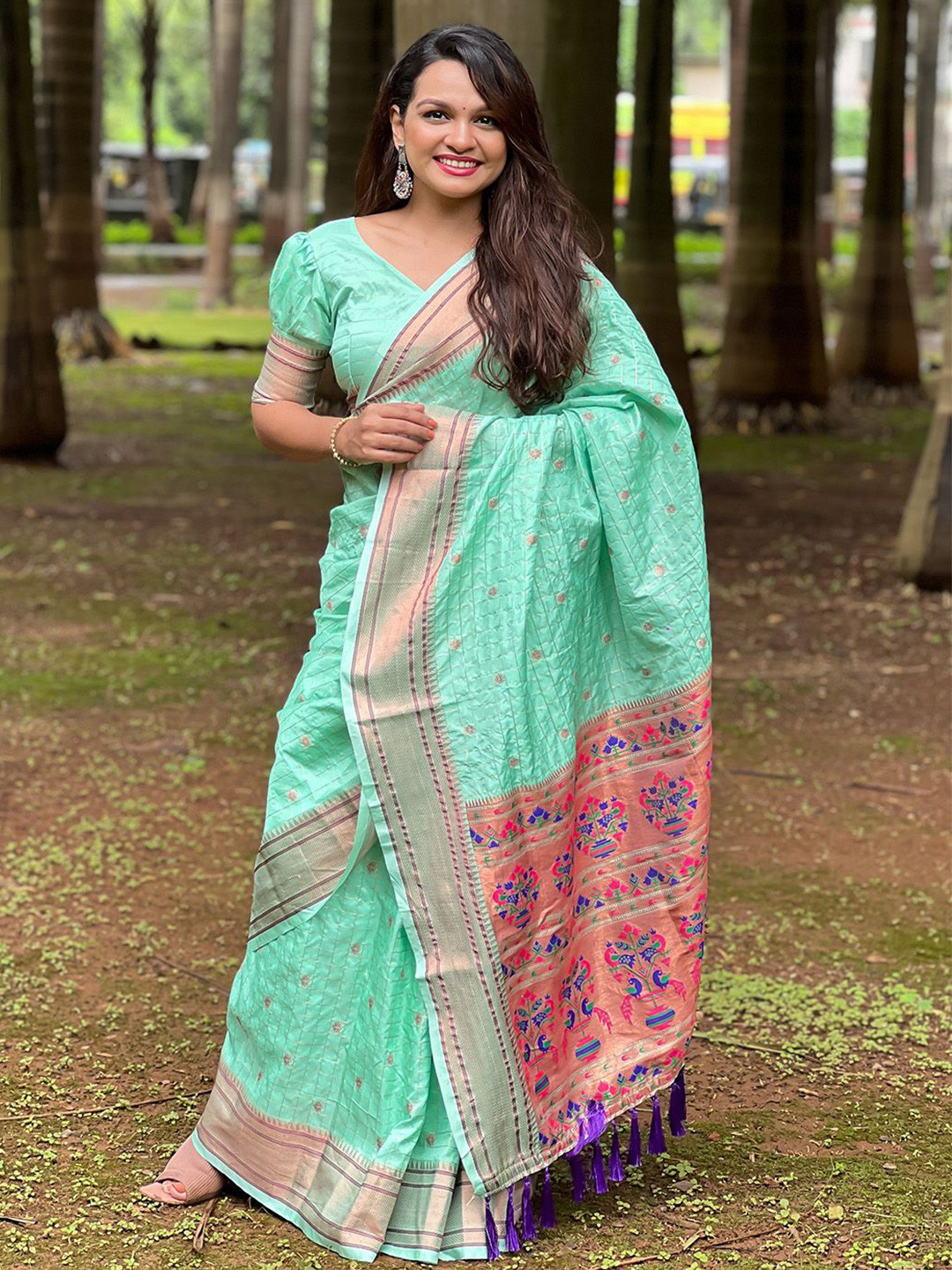 

Ishin Woven Design Zari Paithani Saree, Sea green