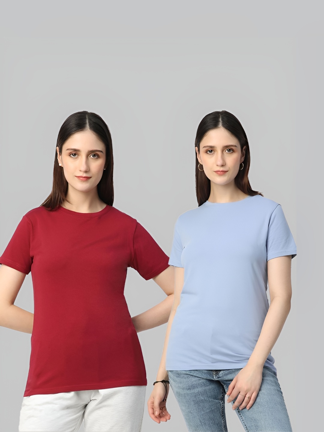 

R&B Women Pack Of 2 Solid Round Neck Cotton T-shirts, Red