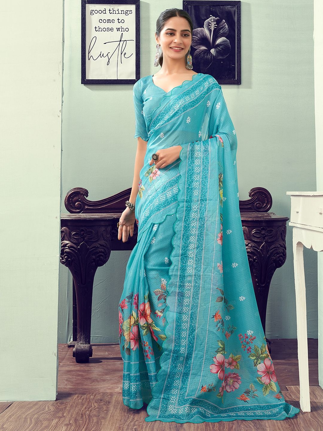 

Mitera Floral Printed Dabu Saree, Turquoise blue