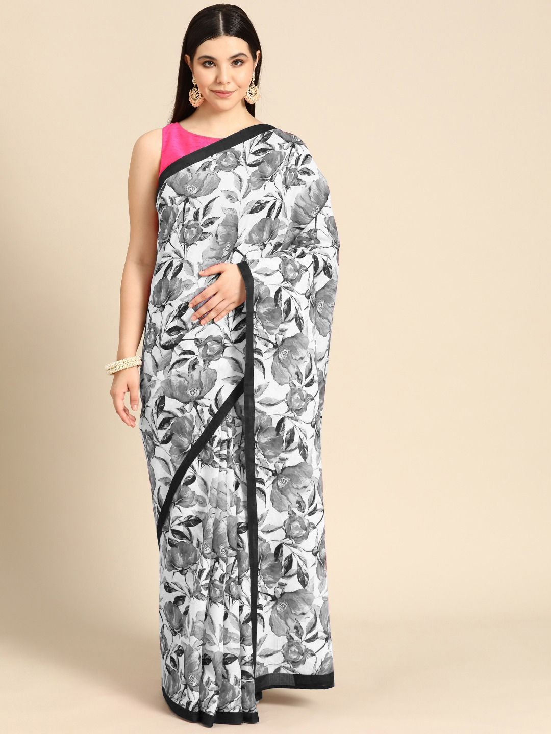 

BUTA BUTI Floral Printed Pure Cotton Saree, Grey