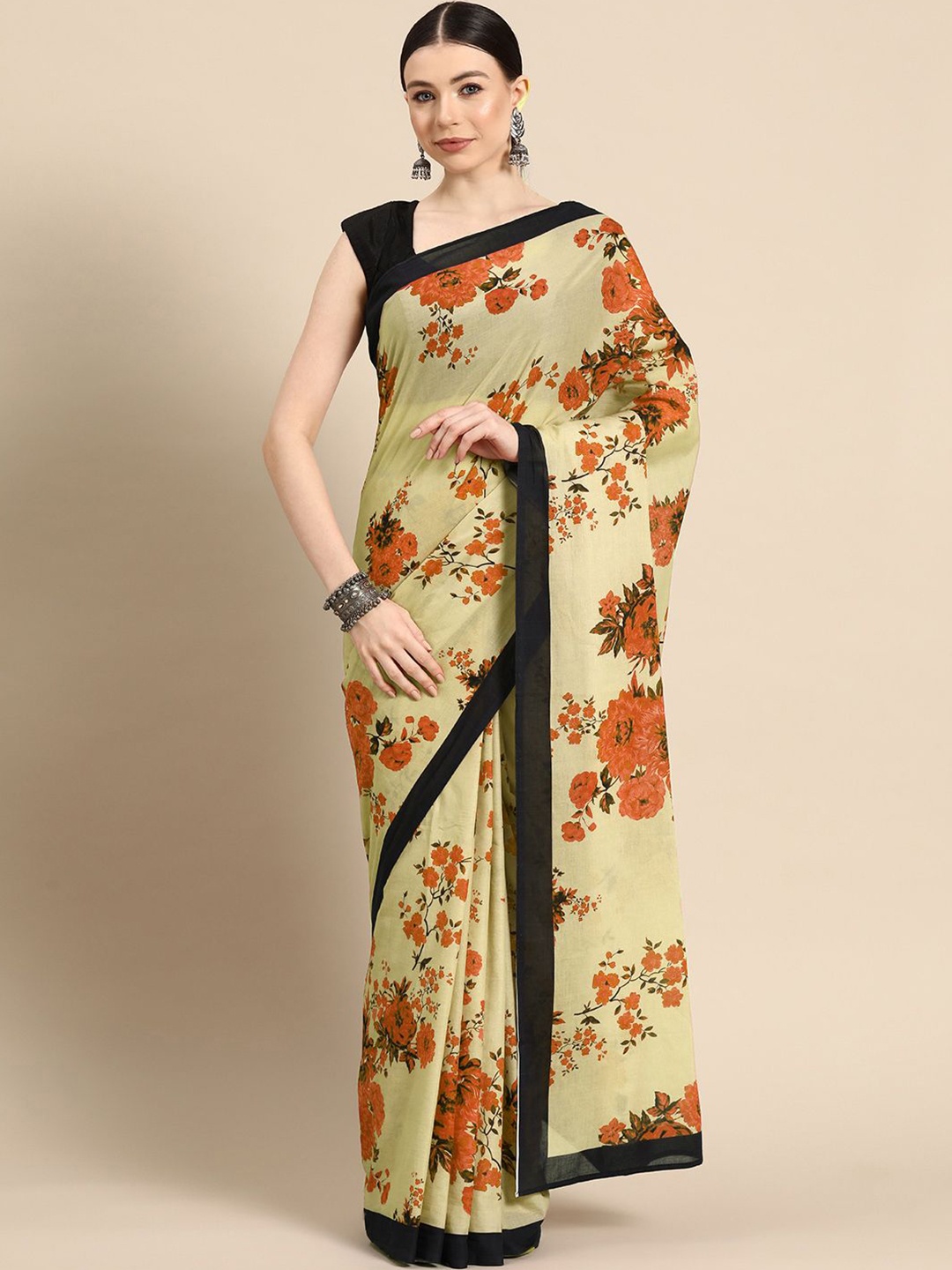 

BUTA BUTI Floral Printed Pure Cotton Saree, Beige