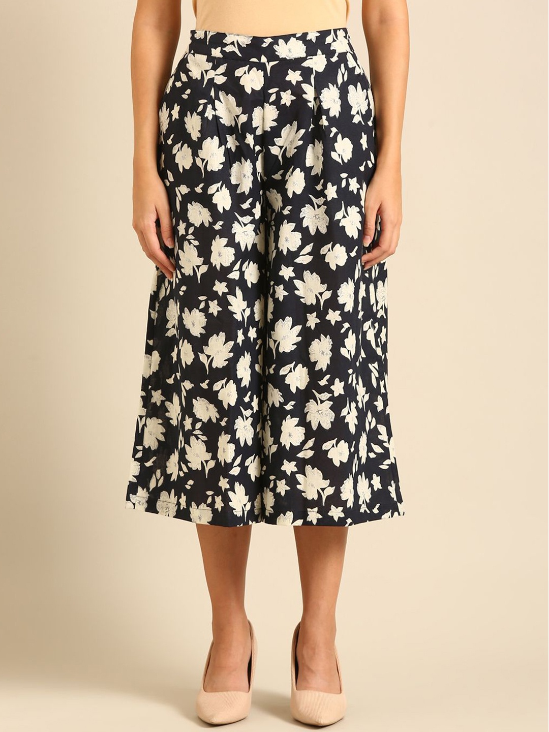 

De Moza Women Floral Printed Culottes Trousers, Navy blue