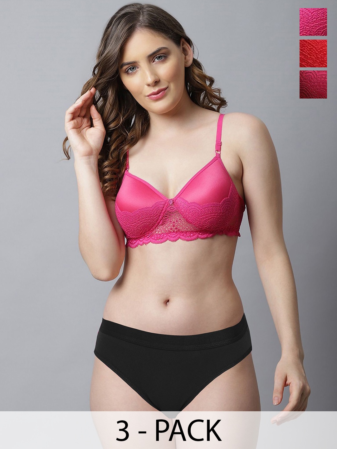 

AROUSY Women Pack Of 3 Lightly Padded Lingerie Set, Red