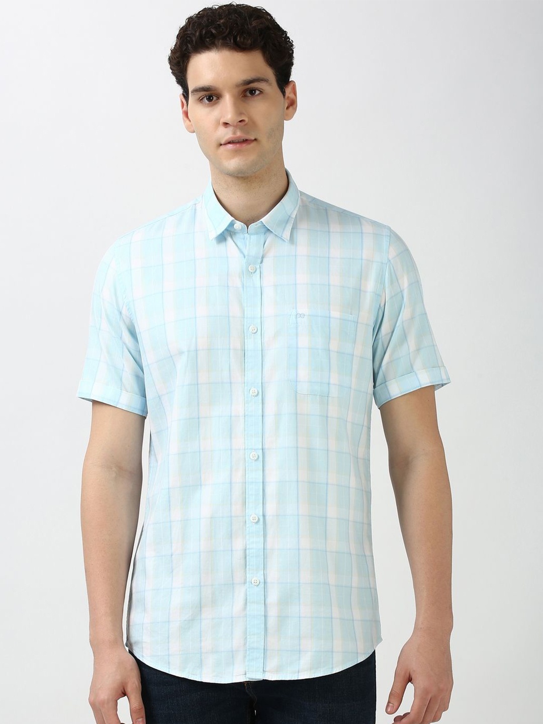 

Peter England Casuals Men Spread Collar Checked Cotton Slim Fit Casual Shirt, Blue