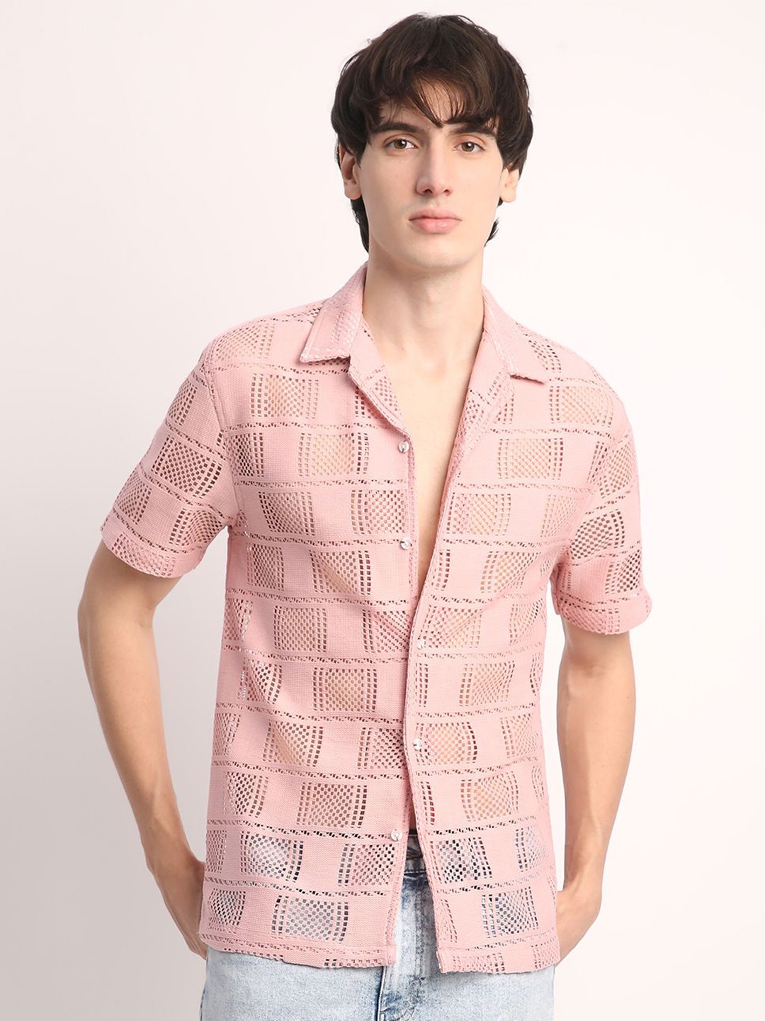 

Voroxy Men Comfort Cuban Collar Textured Polycotton Relaxed Fit Casual Shirt, Pink