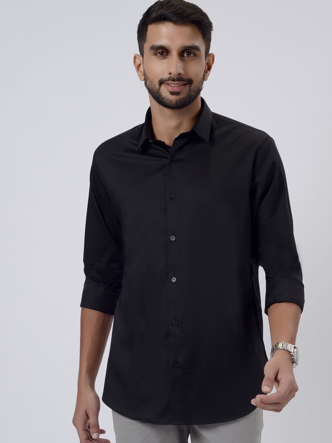 

JADE BLUE Men Spread Collar Solid Cotton Slim Fit Casual Shirt, Black