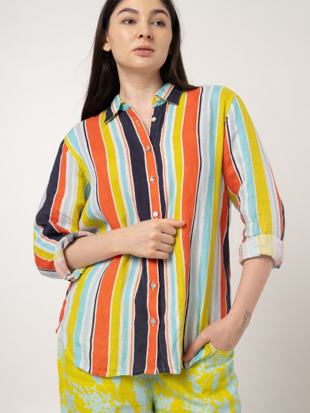 

Fabulous Women Premium Spread Collar Vertical Striped Linen Oversized Casual Shirt, Blue
