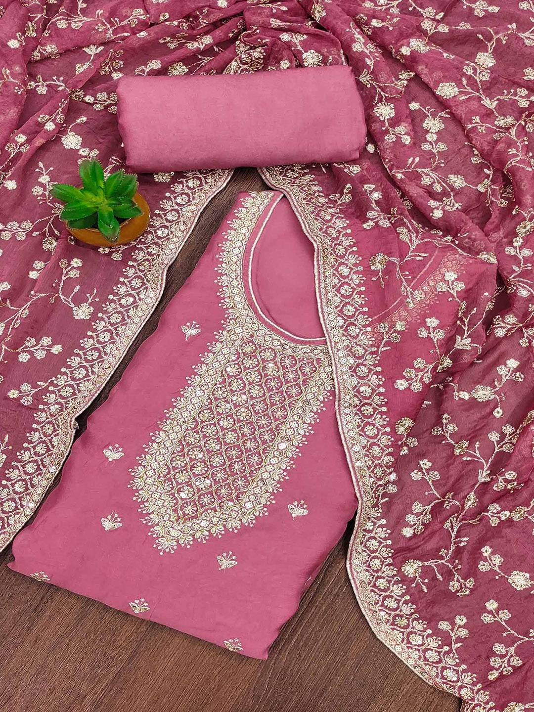 

Peachmode Embroidered Organza Unstitched Dress Material, Pink