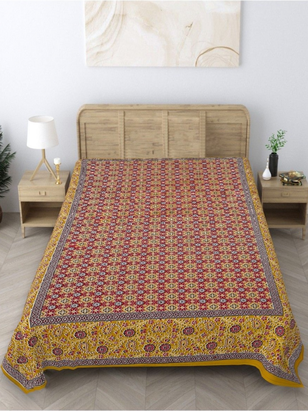 

INDHOME LIFE Yellow & Red Ethnic Motifs Printed Pure Cotton 210 TC Single Bedsheet